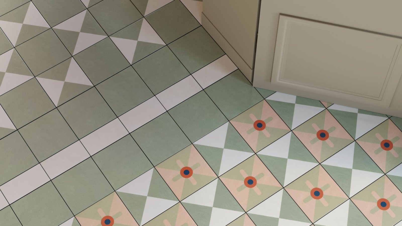 Patterned hallway floor composed with Mattonelle Margherita tiles by Mutina