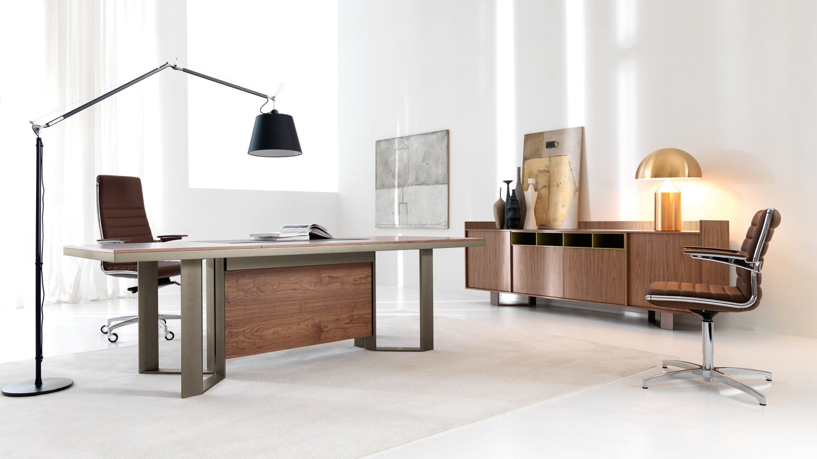 Lloyd executive desk by IVM in Canaletto Walnut on aluminium loop frames