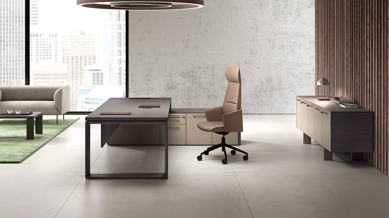 Arche executive desk by Bralco with oak top and mitred perimeter frame