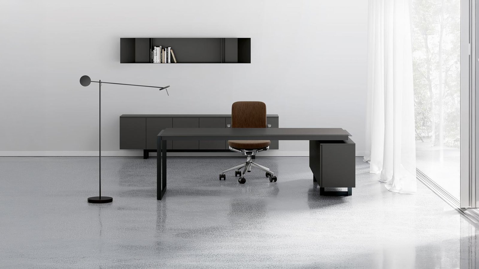 Modern office desks Ellan by Archiutti with light oak top and white iron frame