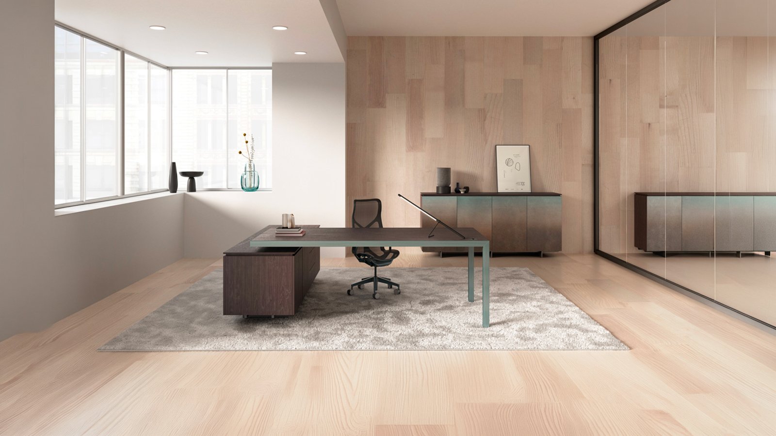 Fattore Alpha executive desk by Archiutti in cooked oak with black painted frame