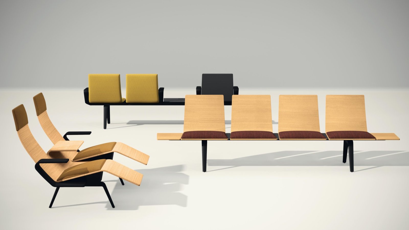 Pausit bench by Arper in a busy public concourse, five-unit configuration