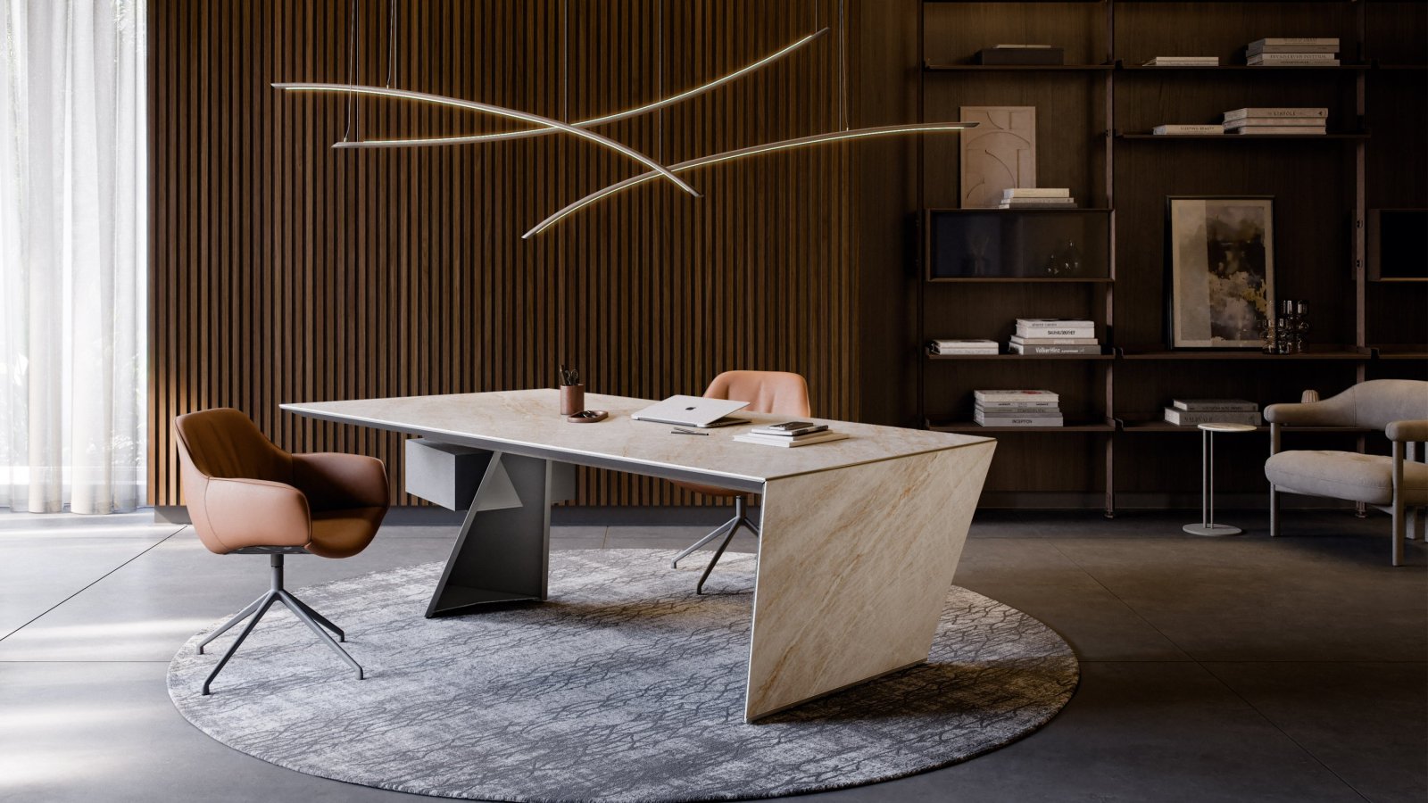 Nasdaq designer desk by Cattelan Italia with the steel leg on a diagonal