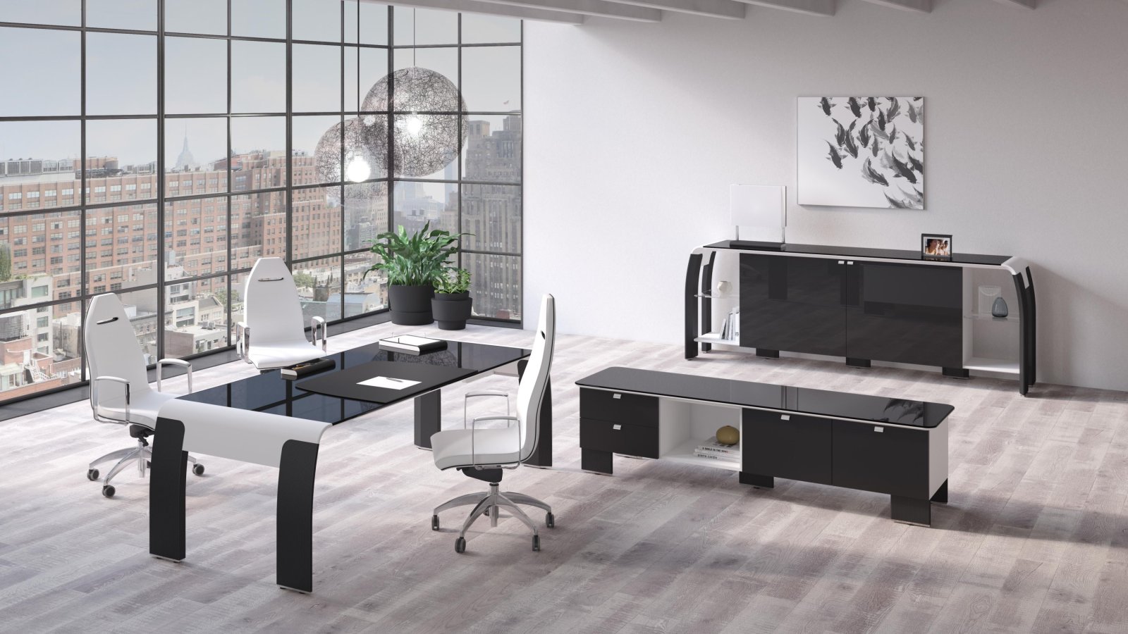 Modern executive desk AlfaOmega by Codutti, Alfa line in white lacquered glass and carbon leather