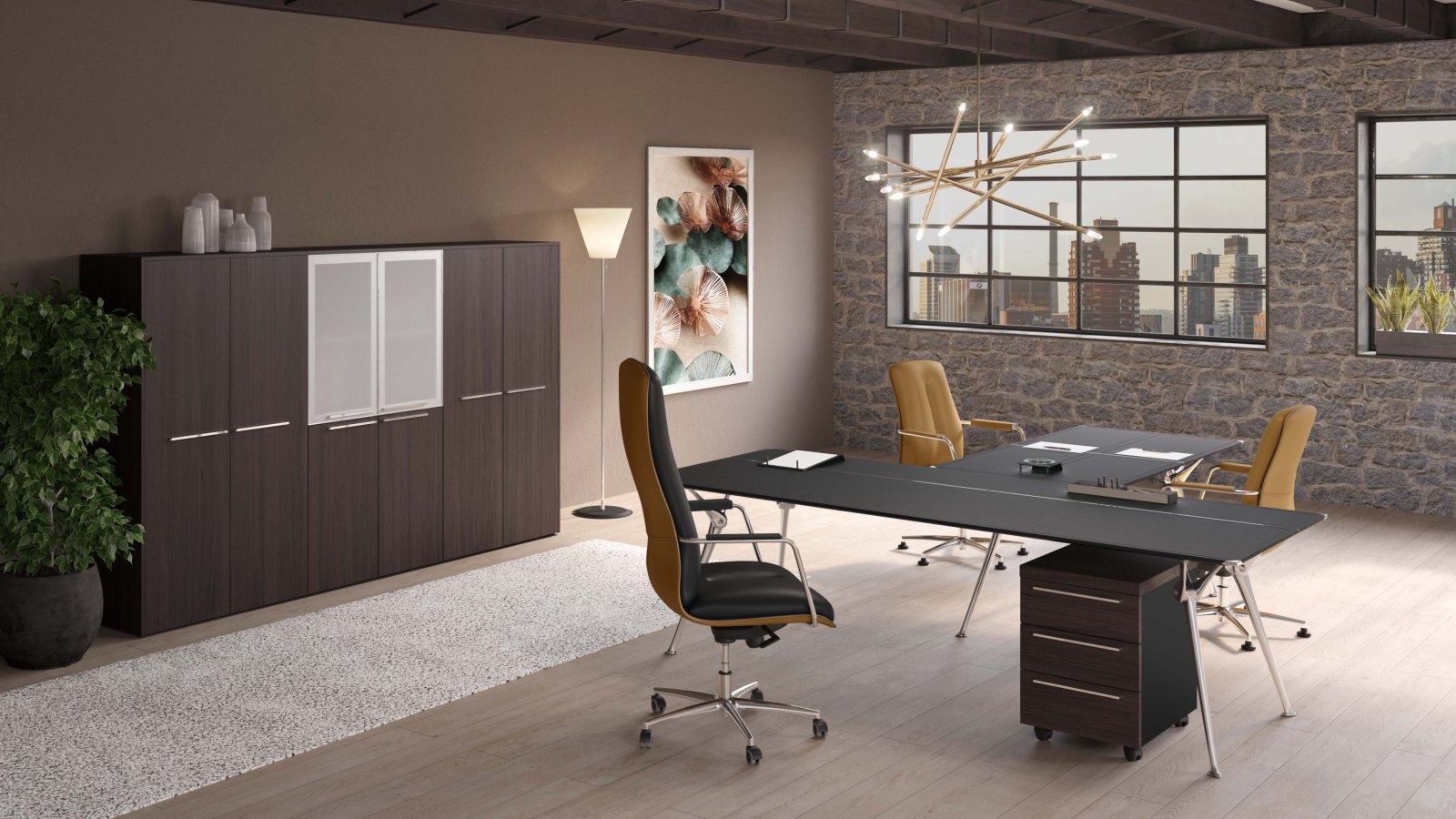 Designer desk Genesis by Codutti with saddle-stitched thick leather top in moka
