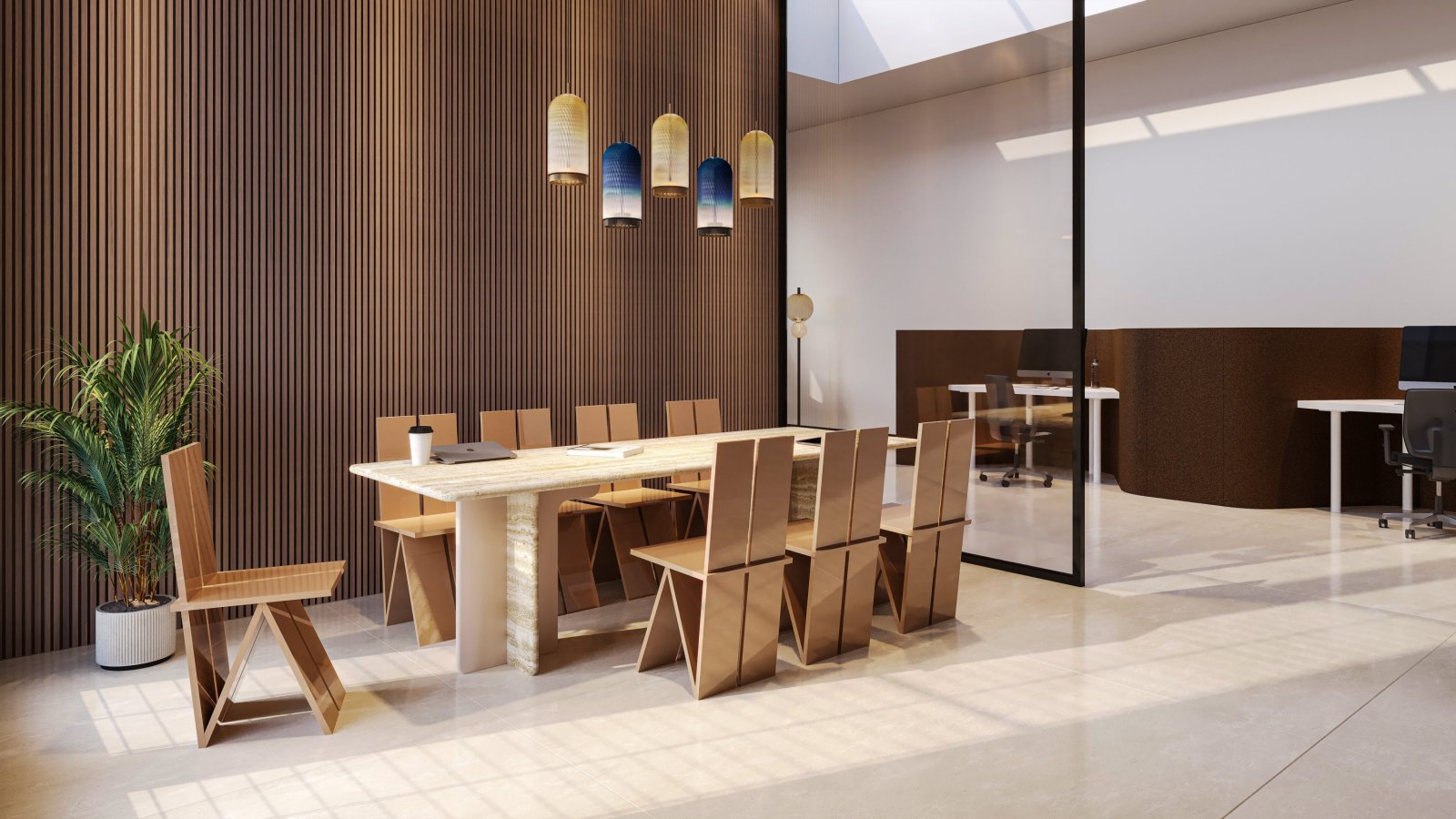 Conference table Ginza by Codutti with a Roman travertine top on two structural panels