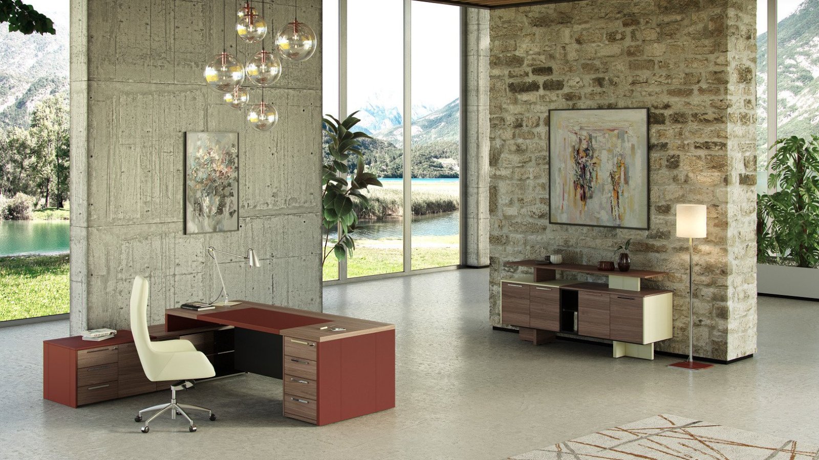 Classic executive desk One by Codutti with Piasentina stone sides and extra-clear glass top