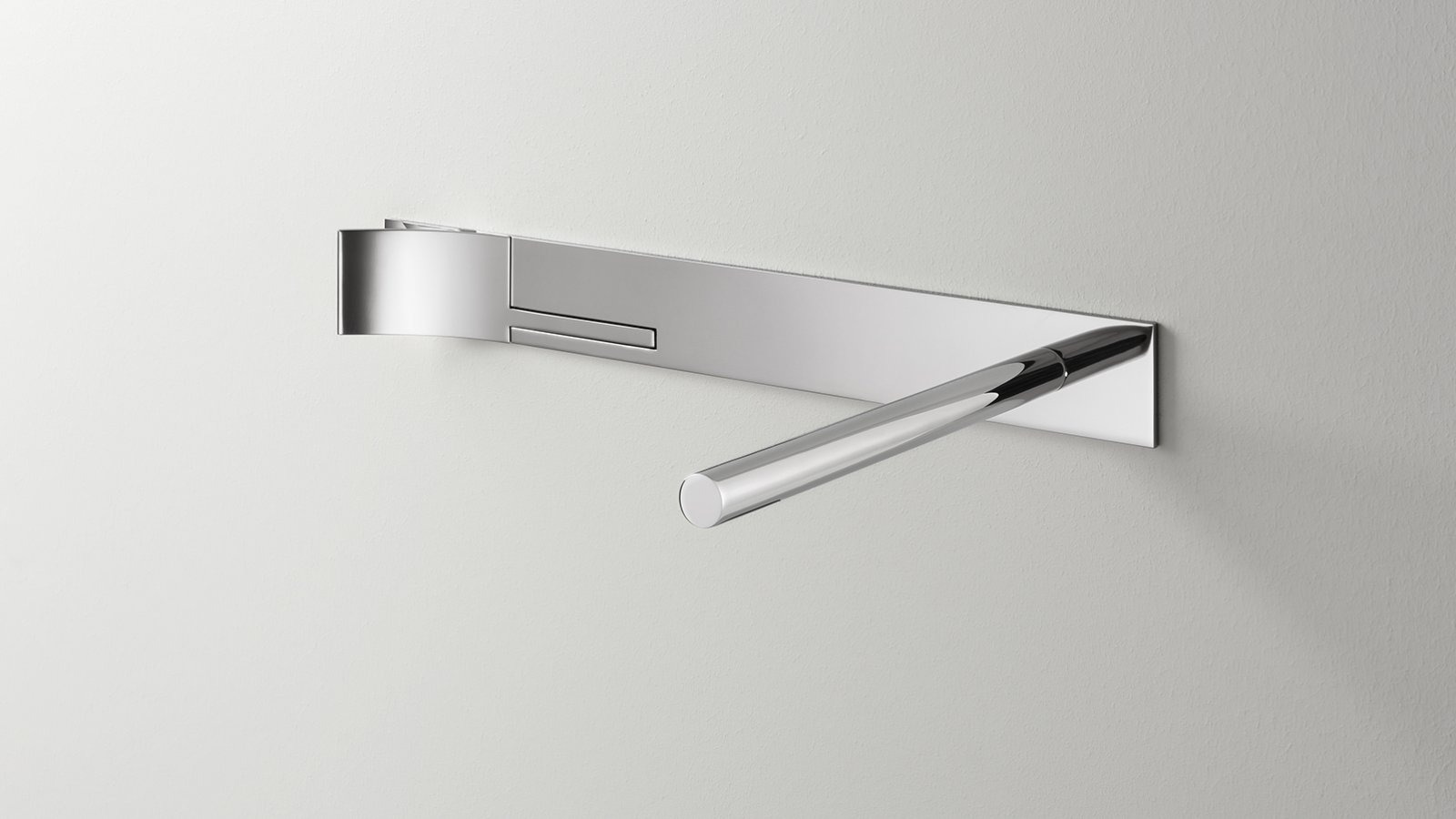 Detail of the Cut Plus wall-mounted mixer in polished steel