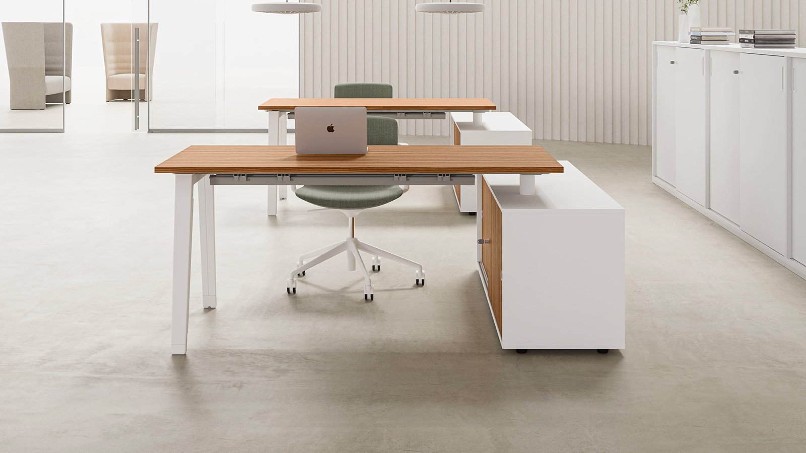 E-Place operative desk by DVO Office on white trestle legs