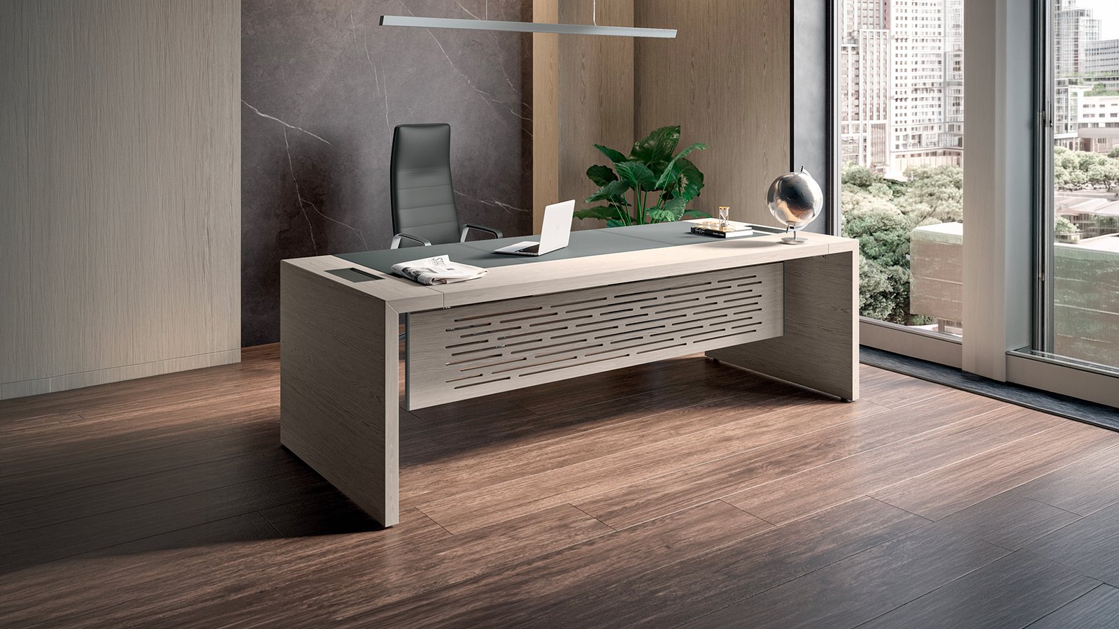 e-10 executive desk by Quadrifoglio with elm top and lacquered legs