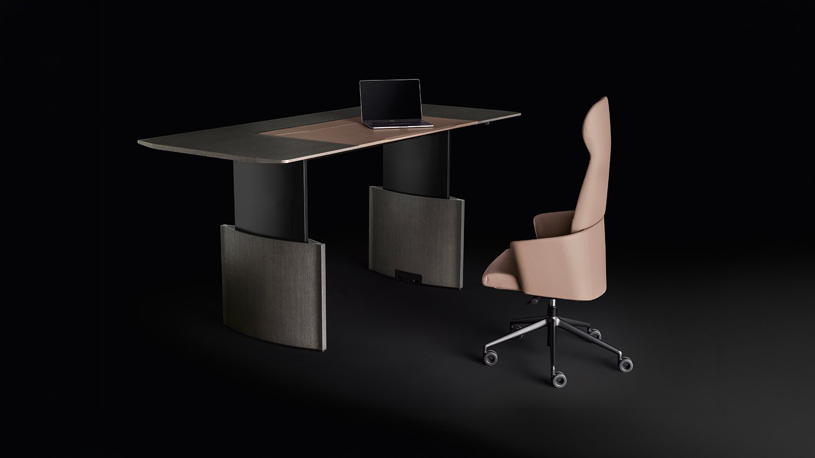 Eleva executive desk by Bralco with oak top and stitched leather inlay
