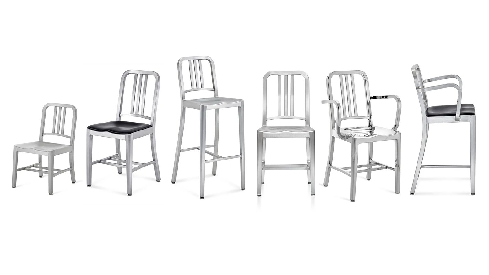 Designer chairs Navy 1006 by Emeco in brushed aluminium at a restaurant table
