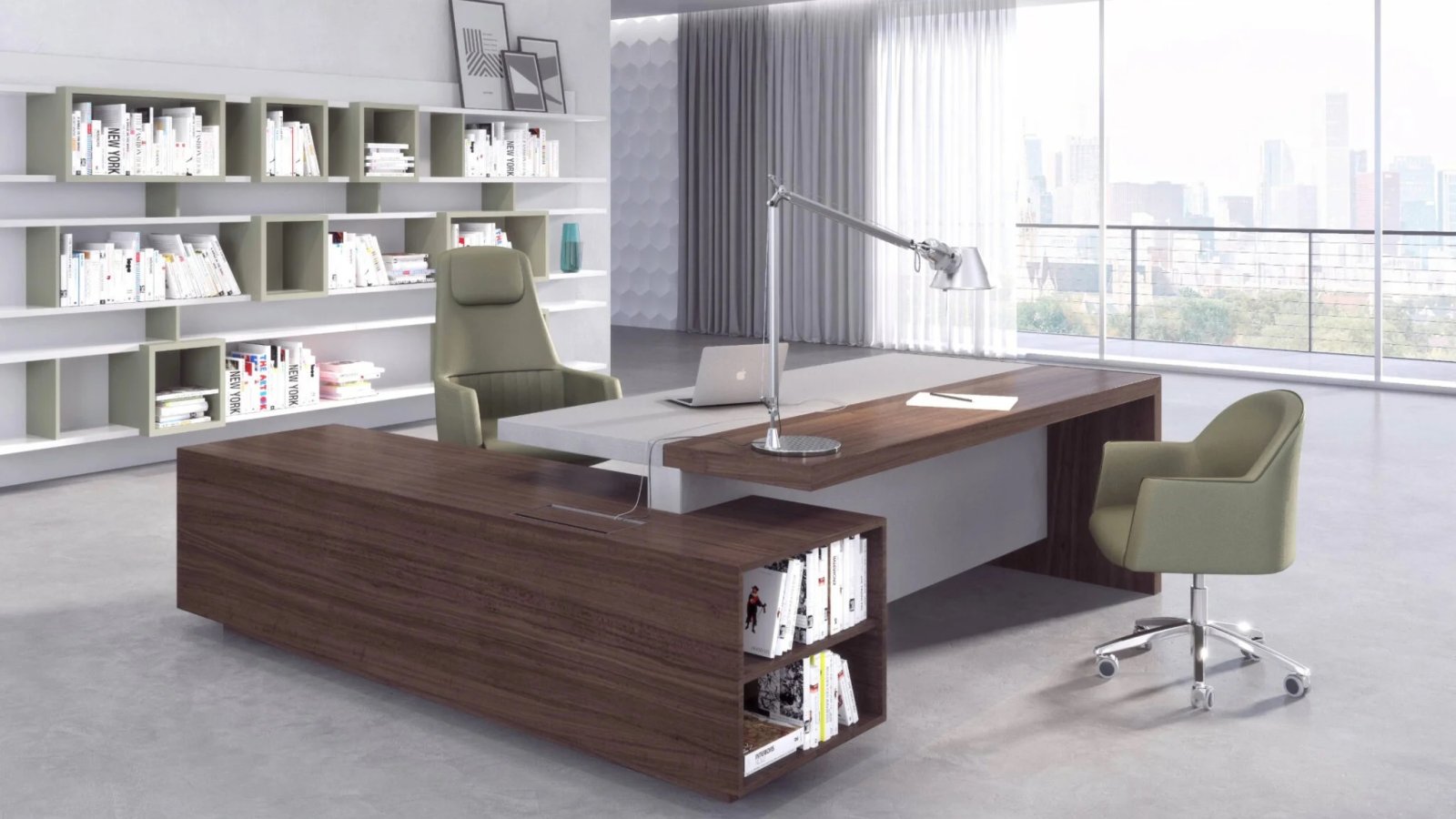 Ducale executive desk by Estel with the service unit set at a right angle and shelving behind