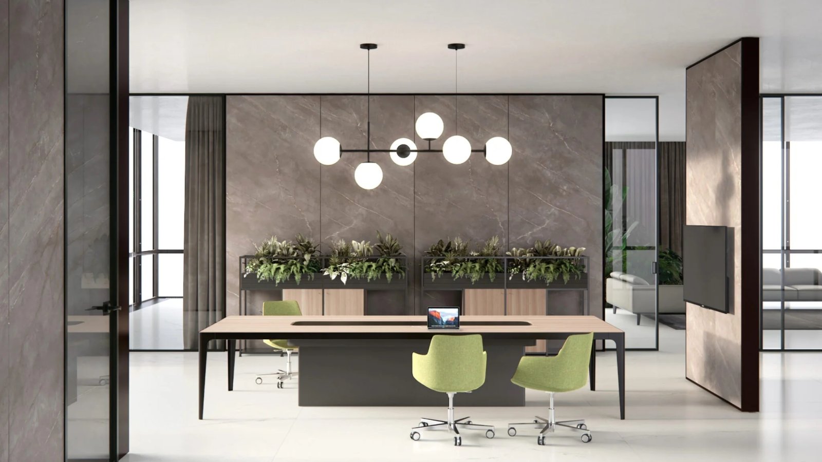 Executive desk Grand More by Estel with a pale top resting on the service unit at a right angle