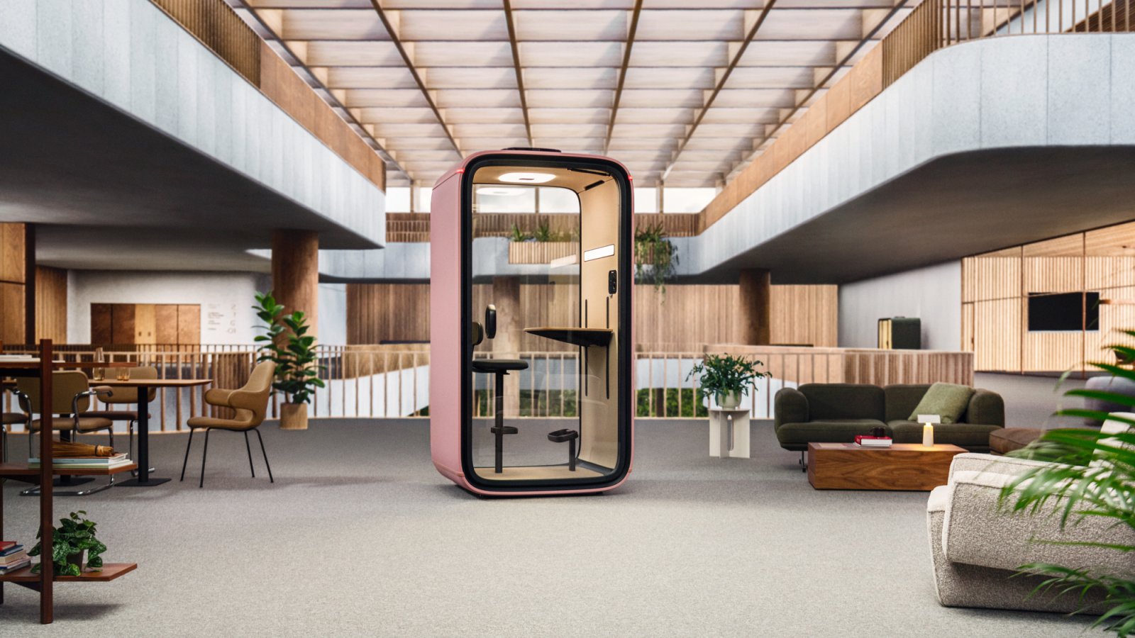 Framery One office pod with seamless steel curves in an open plan