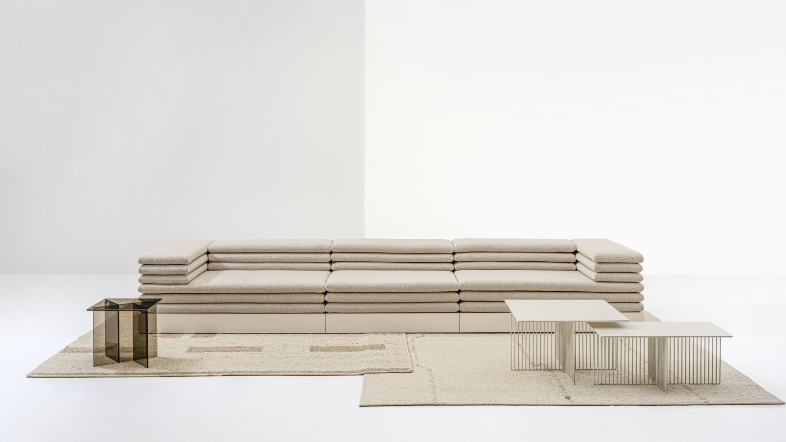 Acamante three-seater sofa by LaCividina, 395 cm long, on an ivory lacquered base