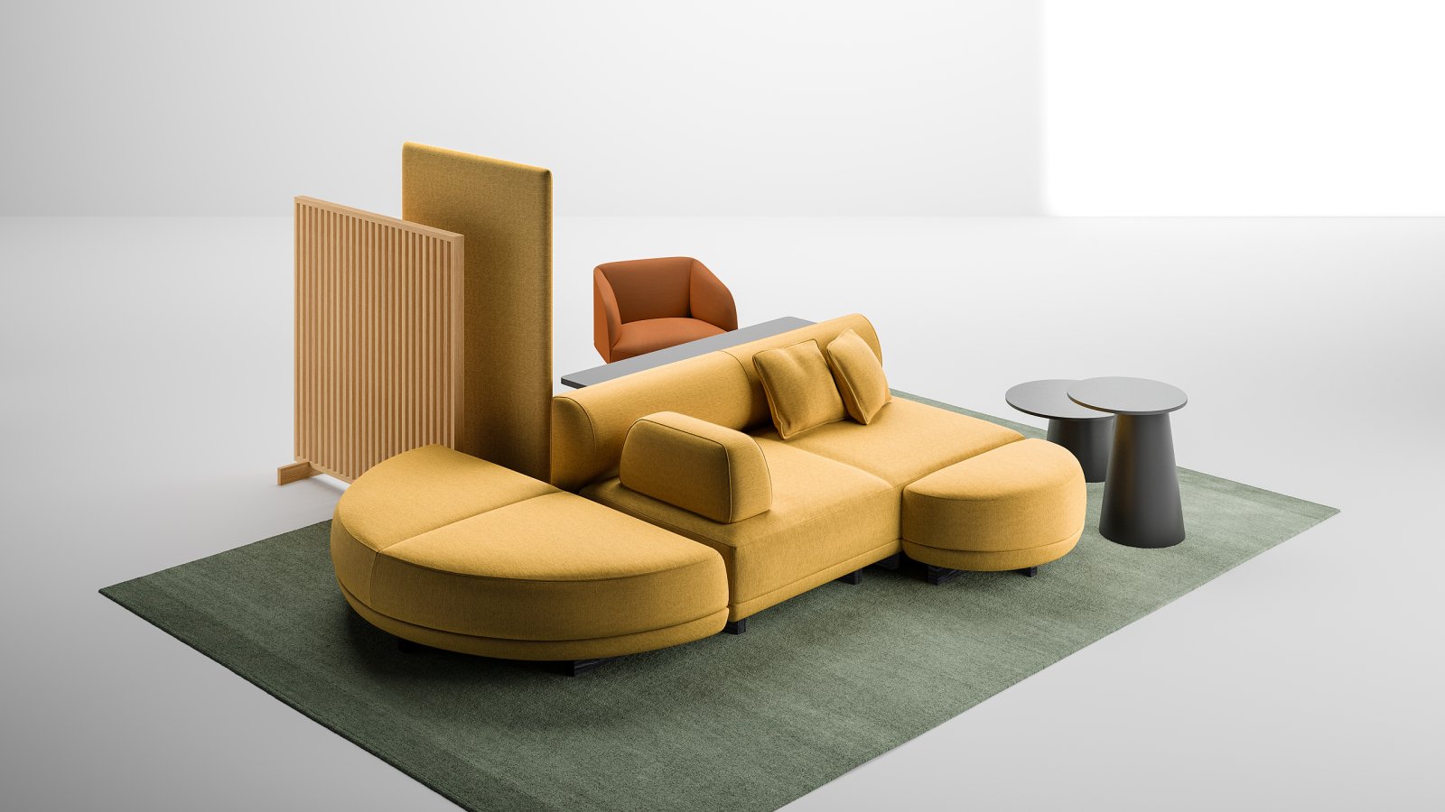 Node+ island seat, 180 by 180 cm, ringed with upholstered backrests in an office hall
