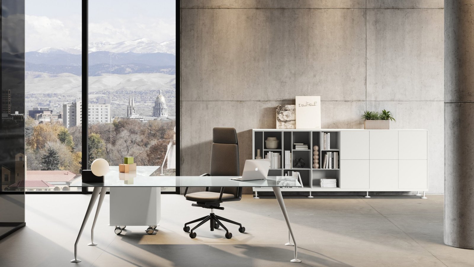 Énosi designer desk by Nikolas Chachamis in a light-filled executive room