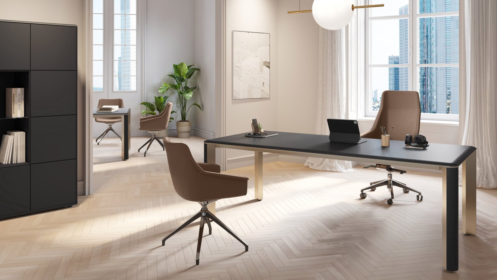 Iulio modern executive desk by Las Mobili with Inox Grey aluminium legs and wood-effect insert