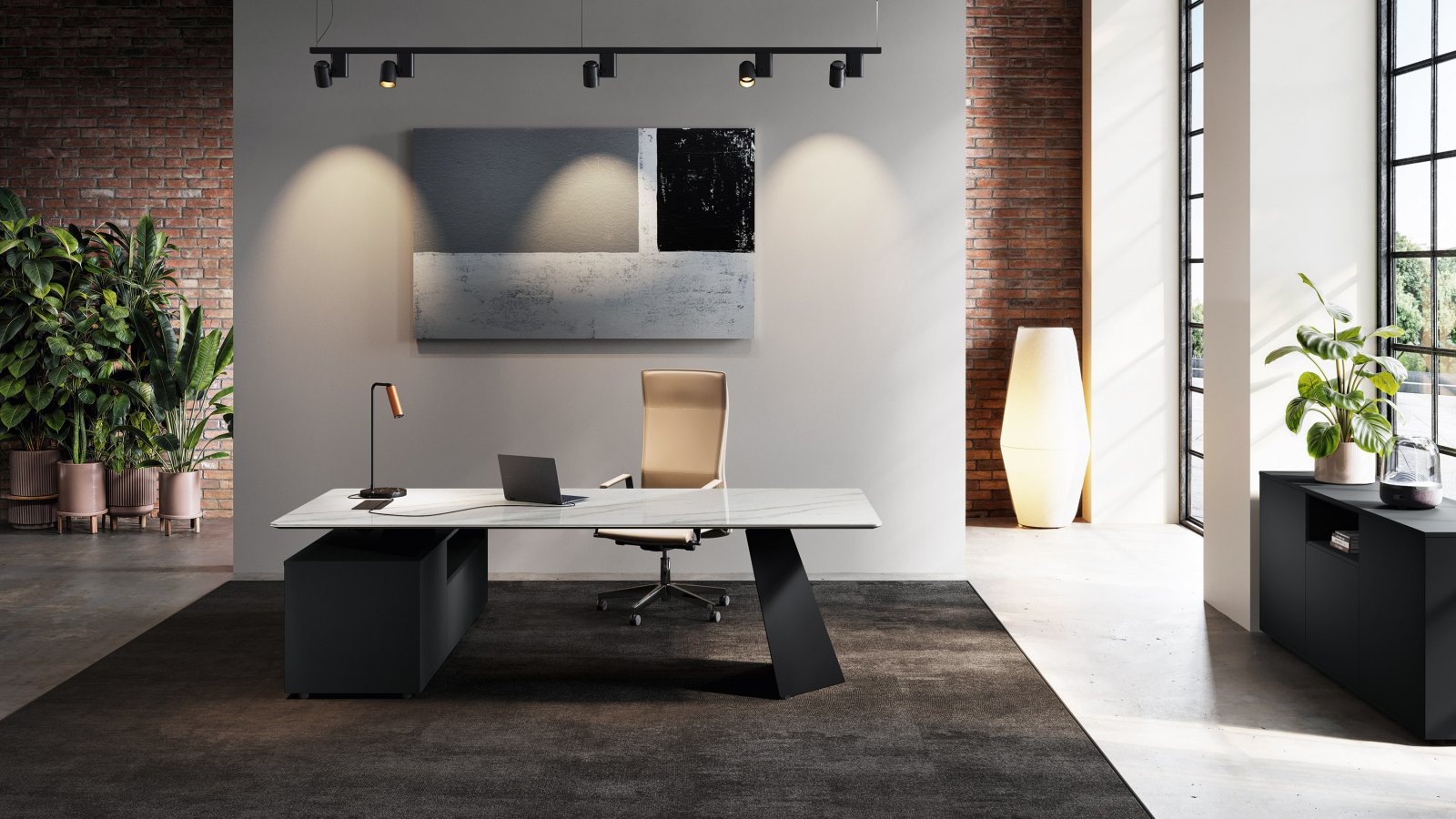 Black Desirè ceramic top detail on Monolith executive desk by Orlandini Design