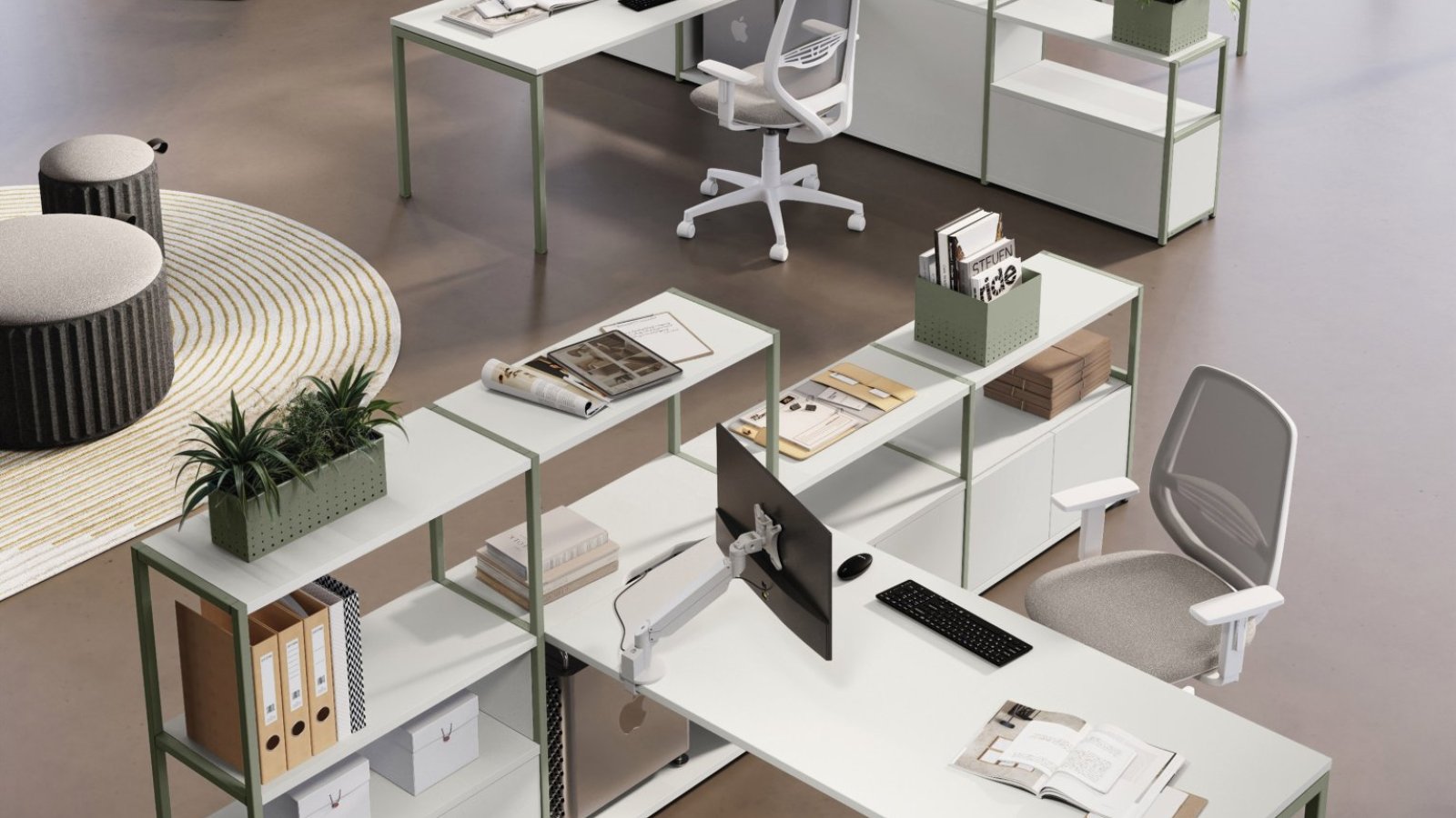 Sigma operative desk system by Las Mobili with bench workstations on square-section metal legs