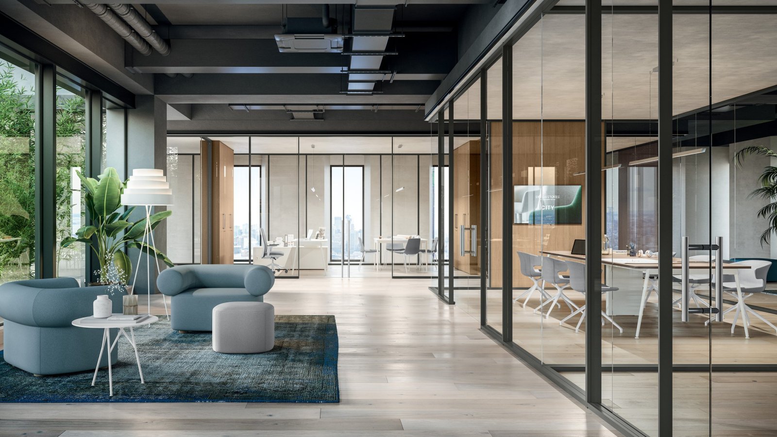 Glass partition wall M1 by Quadrifoglio in an open plan office