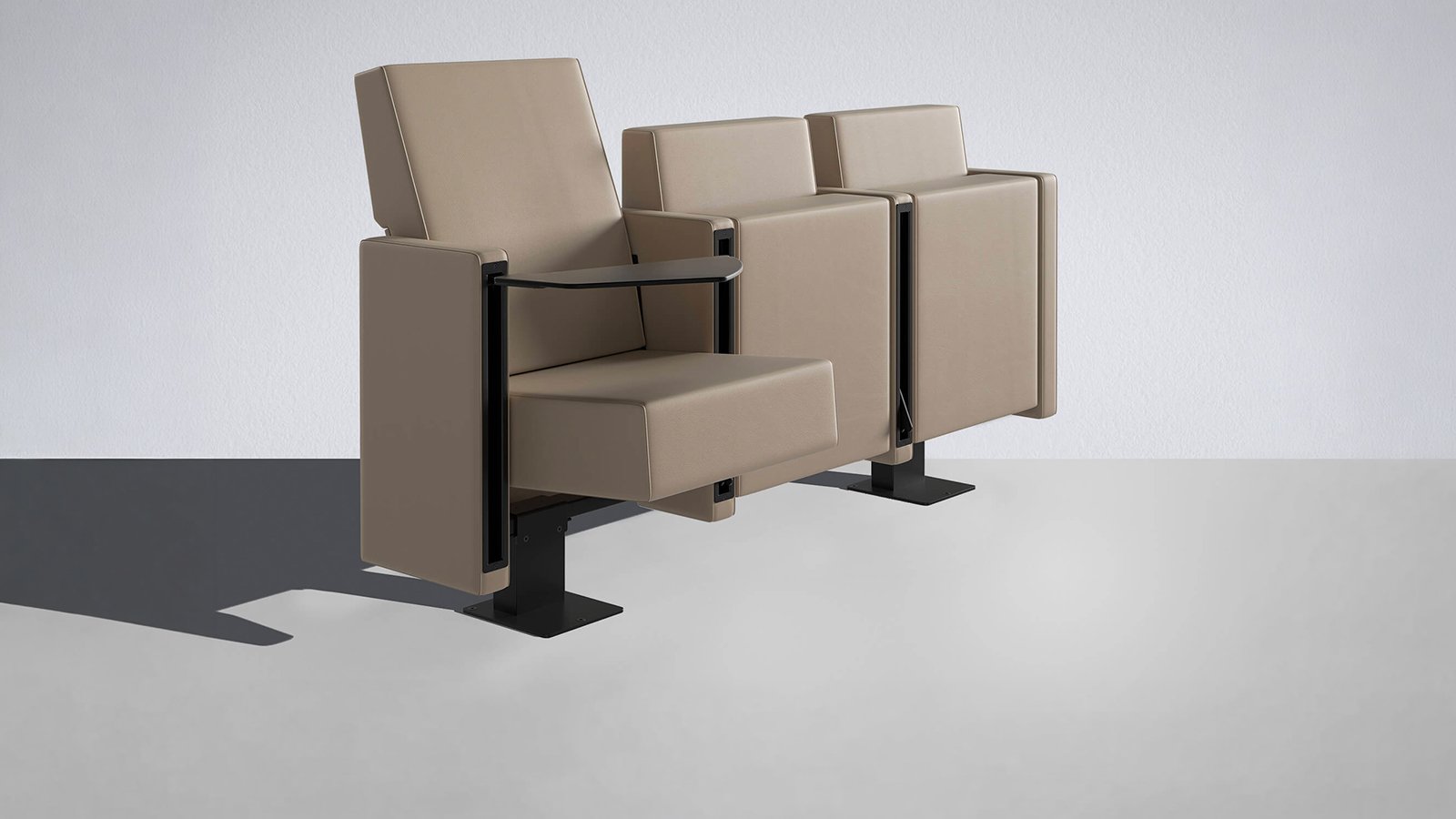 Row of Mura seats by Lamm closed into a continuous upholstered front