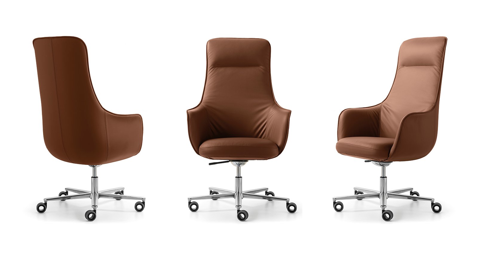 Not Guilty high-back chair by Quinti behind a walnut executive desk