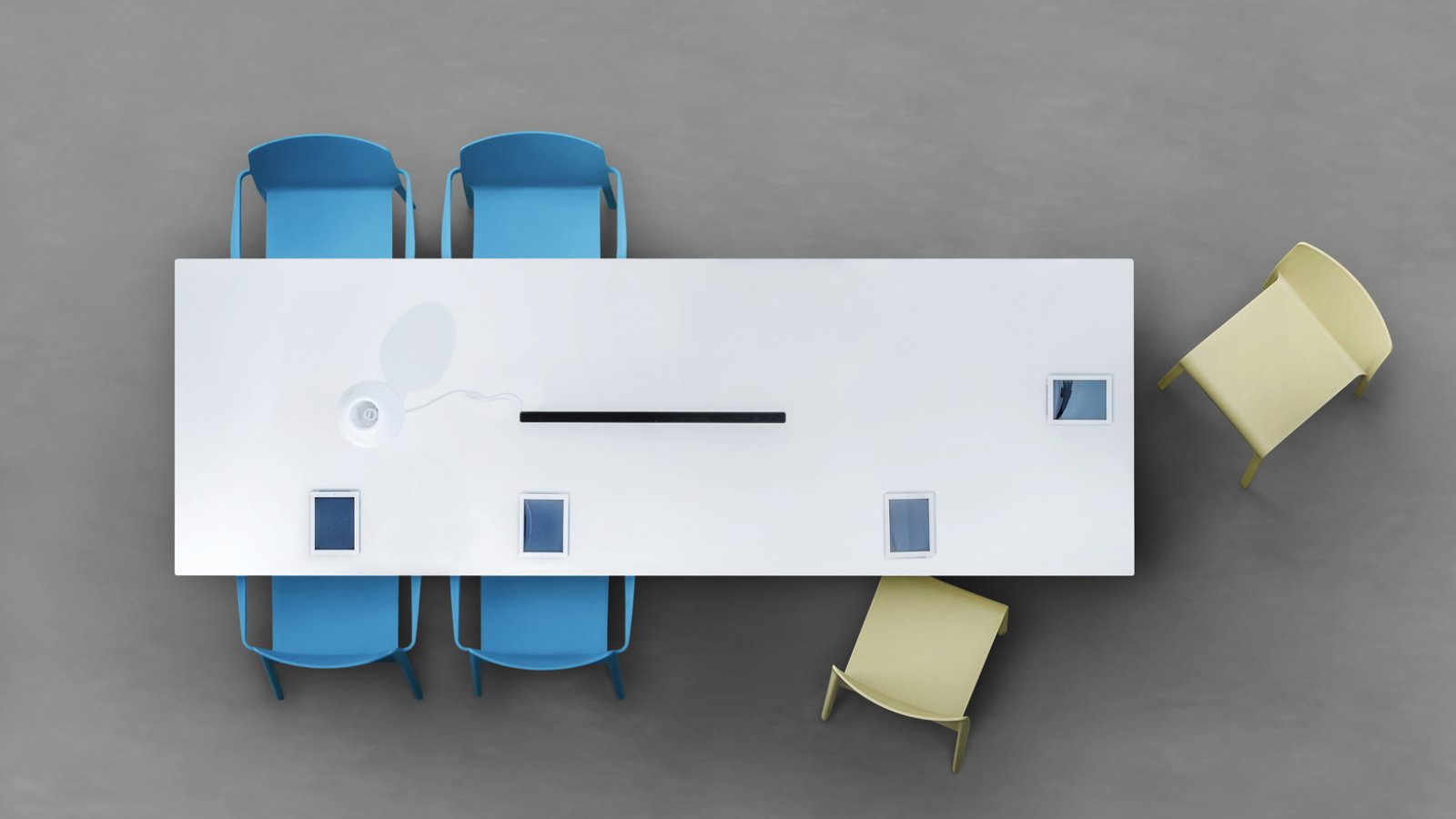 Arki-Table conference table by Pedrali with steel trestle legs and solid laminate top