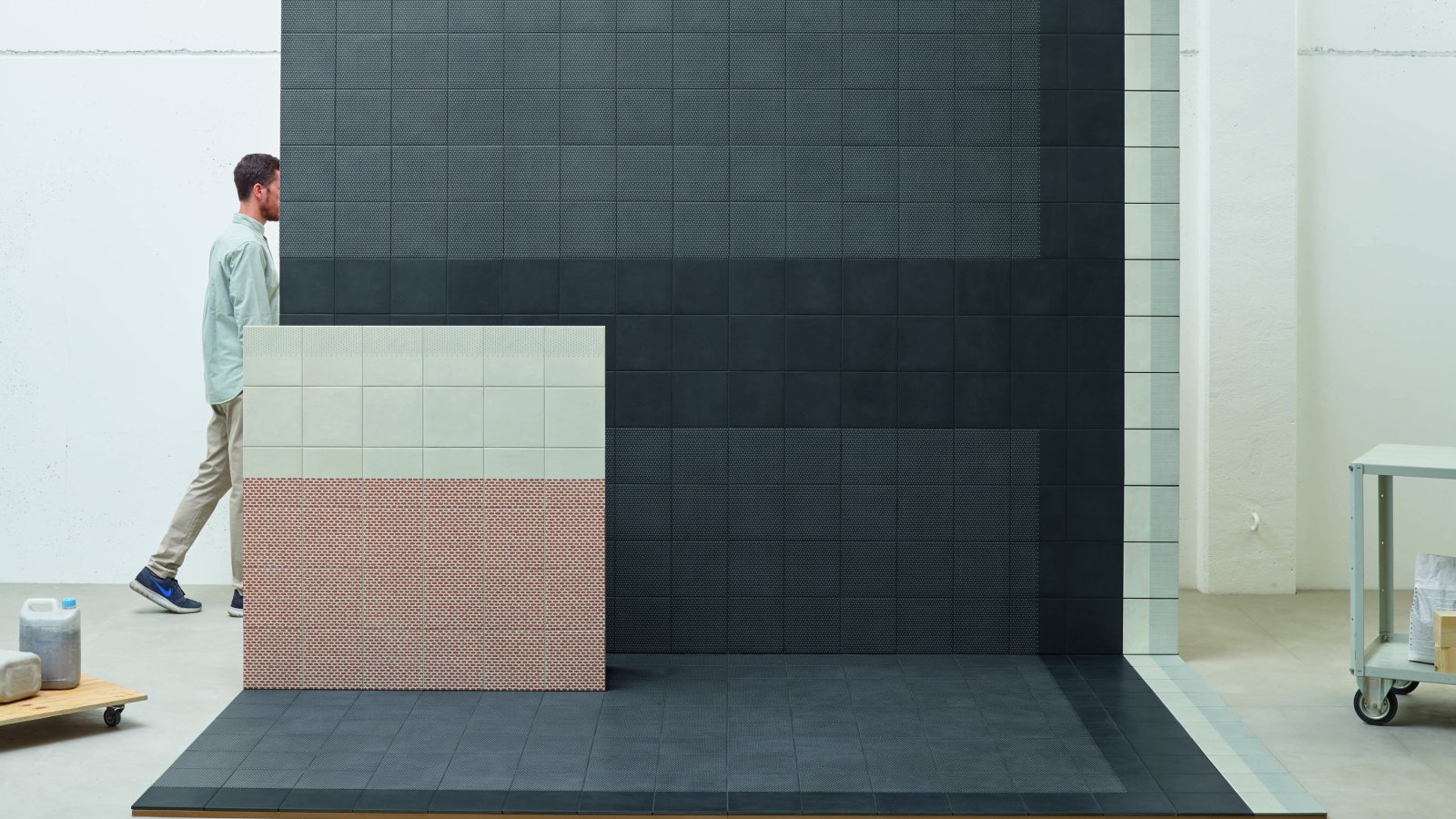 Tape by Mutina laid with mixed graphic patterns in glazed porcelain stoneware