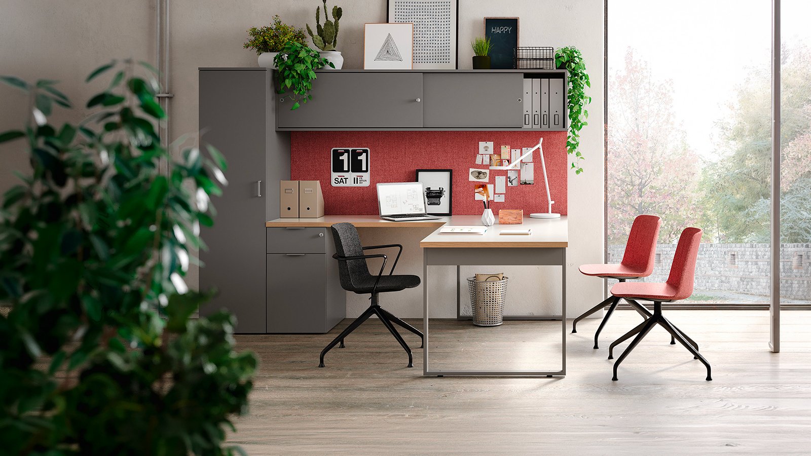 Pigreco bench workstation for four with white scallop tops