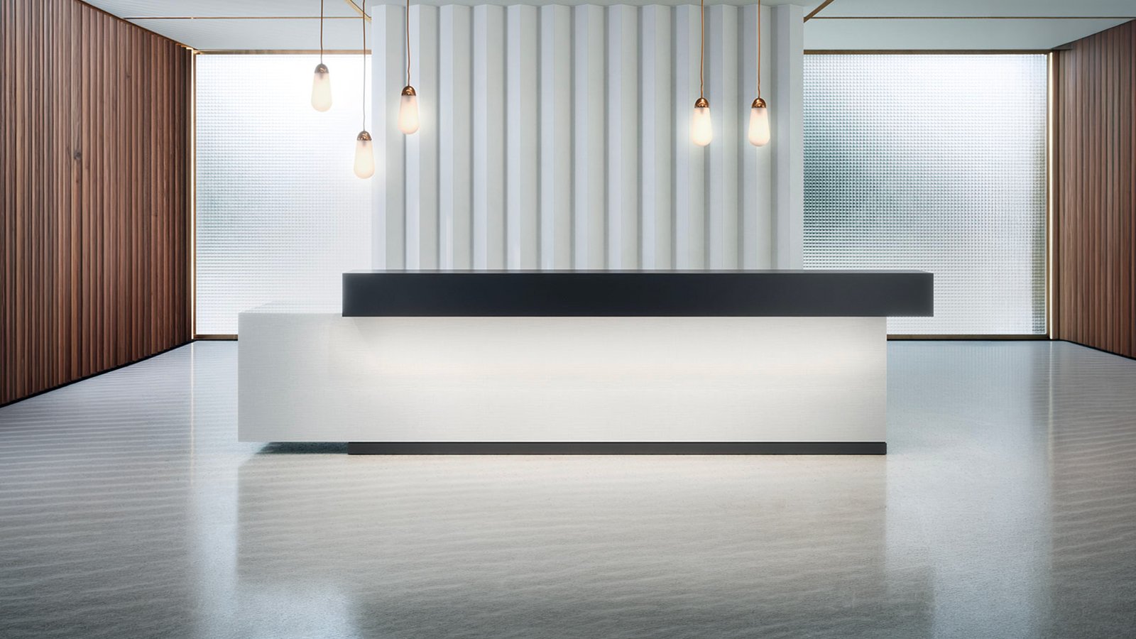 Reception desk Toki by Archiutti with bleached oak front and metallic brown raised unit