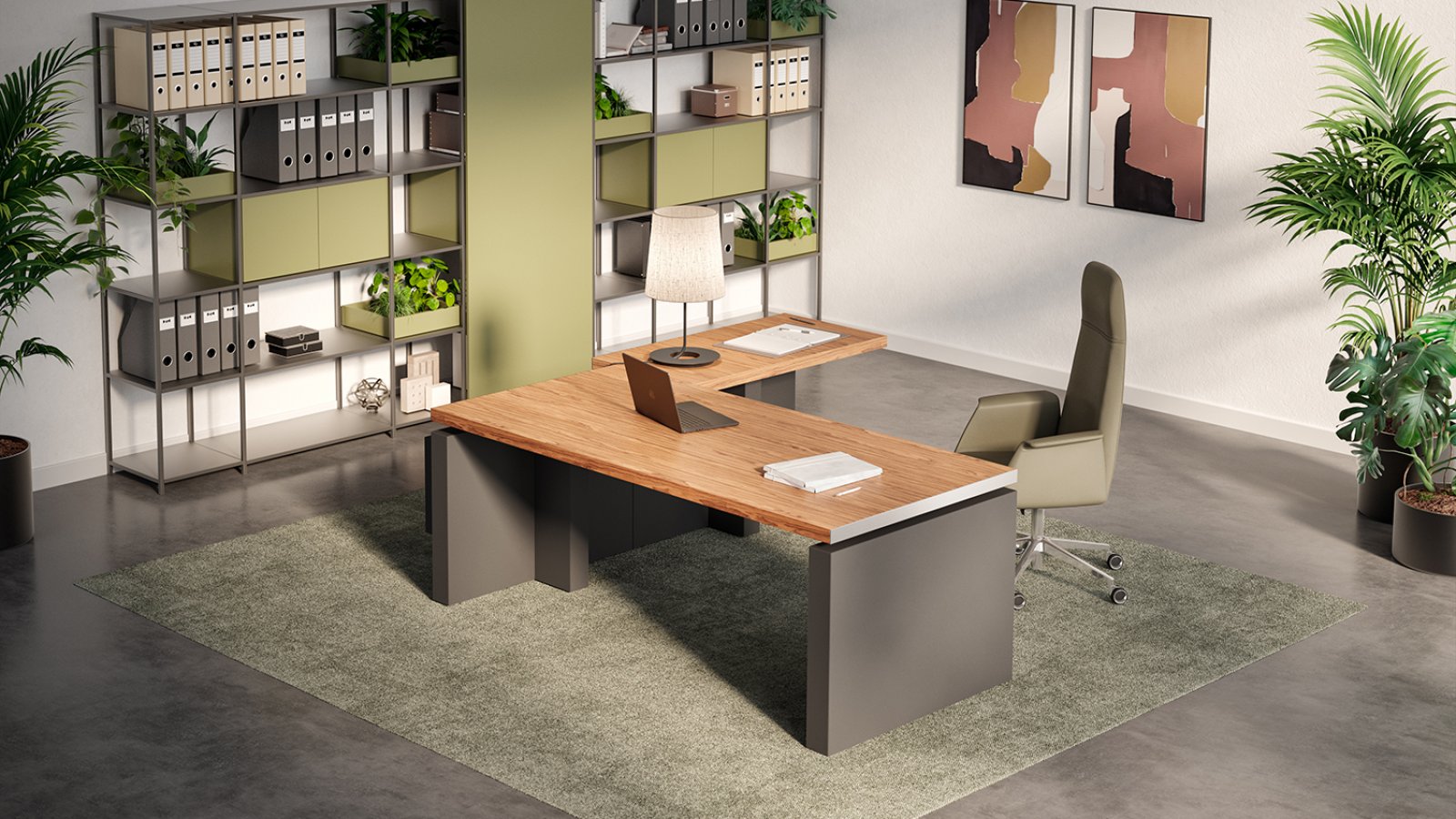 X12 executive desk by Quadrifoglio with walnut top and lacquered legs