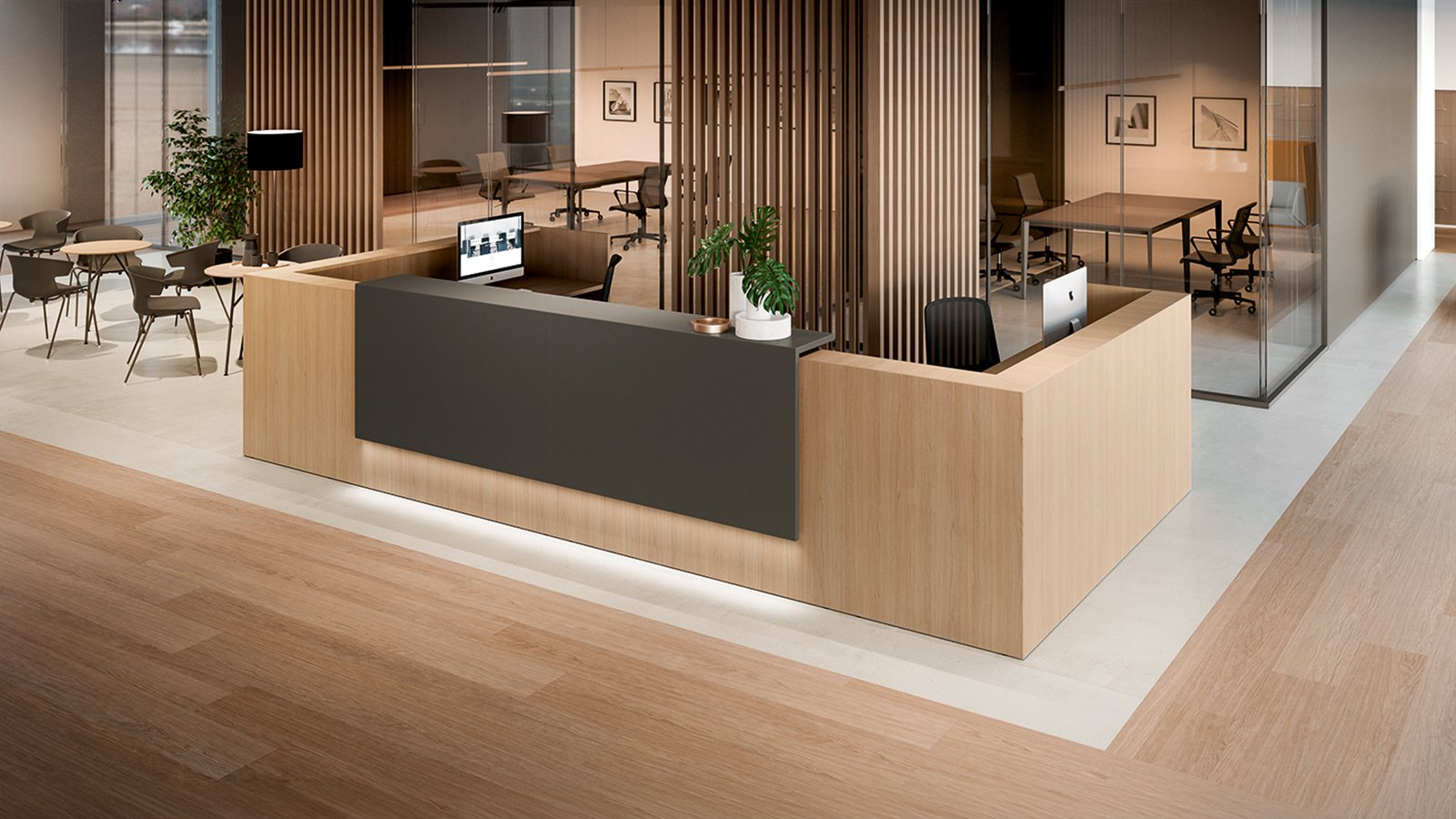 Z2 reception counter by Quadrifoglio turning a corner in an office lobby