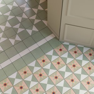 Patterned hallway floor composed with Mattonelle Margherita tiles by Mutina