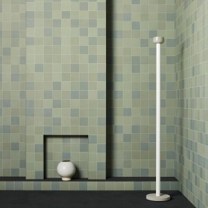 Office washroom lined floor to wall with Mews in Light Blue