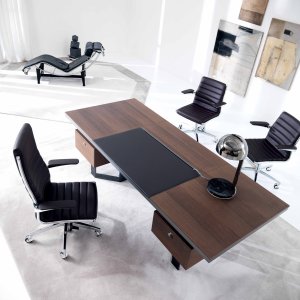 Octagonal Lloyd meeting table with Brown faux leather centre insert