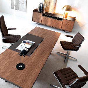 Lloyd desk in Eucalyptus veneer with integrated suspended drawer unit