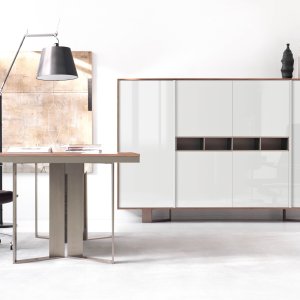 Slide-out Brown faux leather desk pad revealing the cable compartment on the Lloyd desk