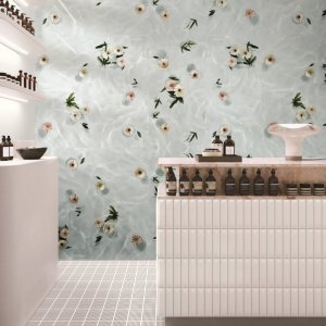 Shower wall clad in Paper41 ceramic tiles with a 1 mm joint