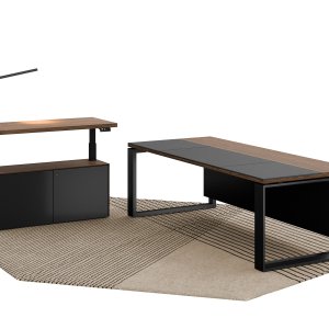 Arche desk docked to its oak service credenza