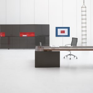 LED-lit niches in the shiny lacquered Ar.tu bookshelves