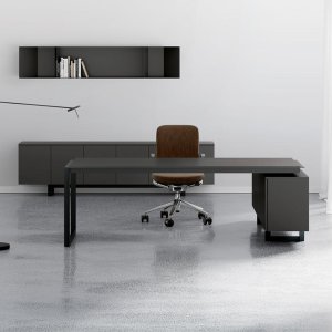 Modern office desks Ellan by Archiutti with light oak top and white iron frame