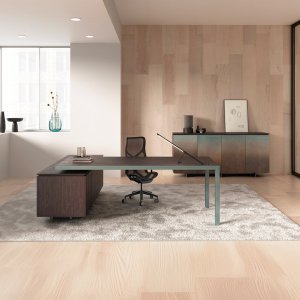 Fattore Alpha executive desk by Archiutti in cooked oak with black painted frame