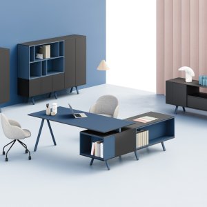 Archiutti Lay bookcase with open compartments and hinged doors on a bench
