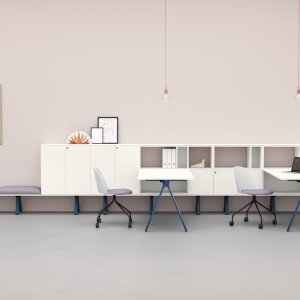 Executive bookcase from the Lay range with blue open compartments and anthracite doors
