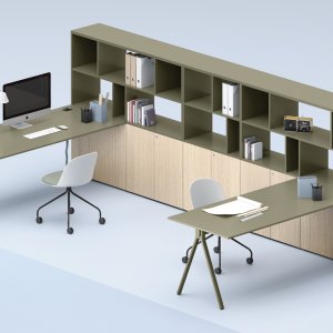Lay manager desk resting on a 160 cm storage unit