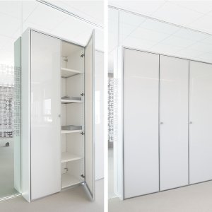 Storage unit built into a www.60 partition with a single door