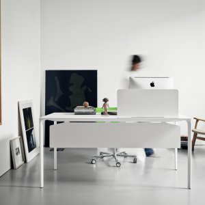 Grey Fenix laminate on the top of the Nuur table by Arper