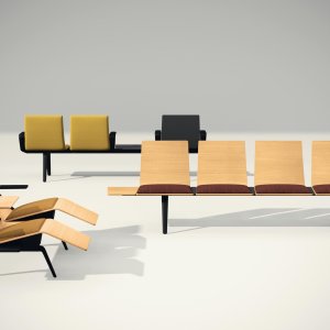 Pausit bench by Arper in a busy public concourse, five-unit configuration